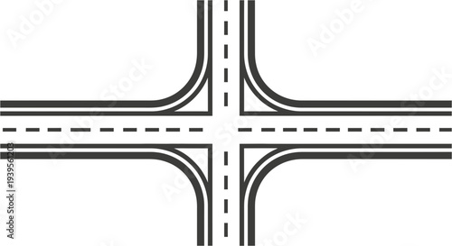 Intersection of four roads with curved corners and dashed markings illustration