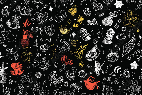 A seamless pattern with white line art illustrations of paisley and Beauty and the Beast characters, featuring cheerful colors and vector illustrations.