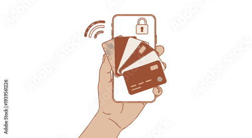 Hand holding smartphone with credit cards and secure lock on screen for online payment