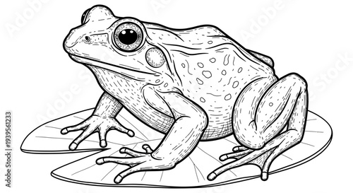 A detailed black and white illustration of a frog sitting on a leaf viewed from the side Whisk_lv2yxadn5qwz0adntydm2ktlxizn00cojfzmtmt.svg