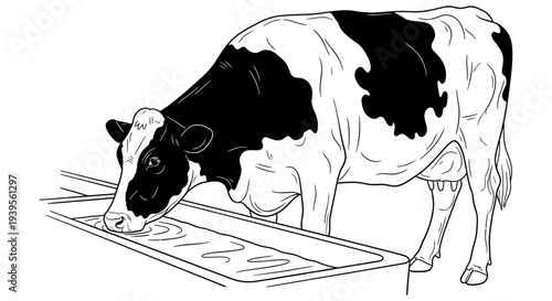 Cow standing on milking platform with head positioned in milking equipment for dairy production process