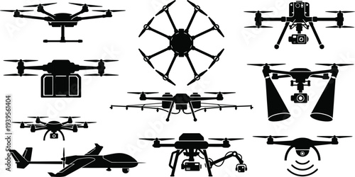 Heavy duty commercial drone silhouettes with hexacopter cargo delivery agricultural surveying in solid black bold for industrial UAV branding design