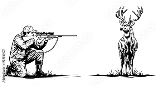 Hunter crouching in grass aiming rifle at majestic deer standing calmly in serene landscape illustration