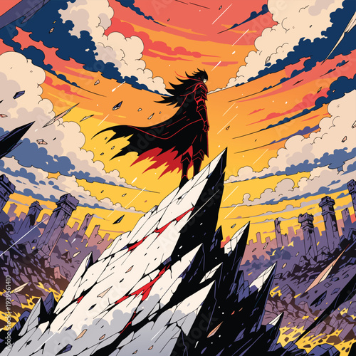 Vector illustration of a dramatic anime-style character standing on a mountain peak at sunset