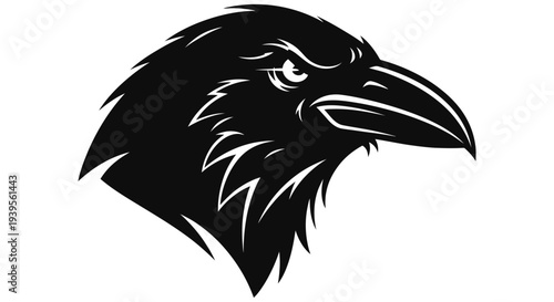 Stylized black raven head graphic illustration with sharp beak and detailed feathers on a clean white background for logo or emblem use