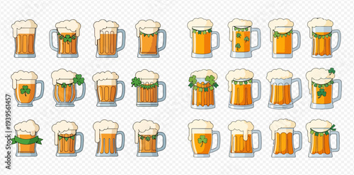 Set of pixel art beer mugs with foam and shamrocks for St. Patrick's Day celebration.