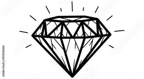 Simple black and white illustration of a sparkling diamond symbolizing elegance and luxury with geometric patterns and clean lines on a plain white background