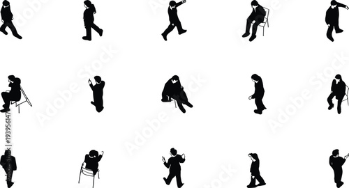 Silhouette, people, human, figure, pose, activity, walking, sitting, standing, gesturing, pointing, reading, holding, outline, vector, illustration, pattern, design, layout, background, artistic