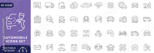 Automobile icon set. Containing icons related to car, vehicle, auto, car part Etc. Fully Editable. Vector illustration.