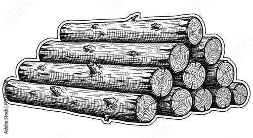 A neatly stacked pile of logs with visible wood grain and texture in a black and white illustration