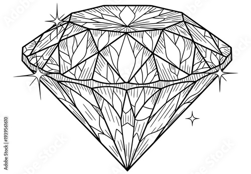 Diamond illustration showcasing intricate facets and geometric patterns against a clean white background, perfect for luxury and jewelry designs.