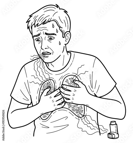 Stressed young man clutching his chest in distress illustrating severe symptoms of sudden heart attack or dangerous respiratory system failure needing immediate medical intervention