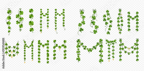 Set of green ivy and shamrock garlands, climbing plant with leaves and stems, hanging decoration for St. Patrick's Day or garden design.