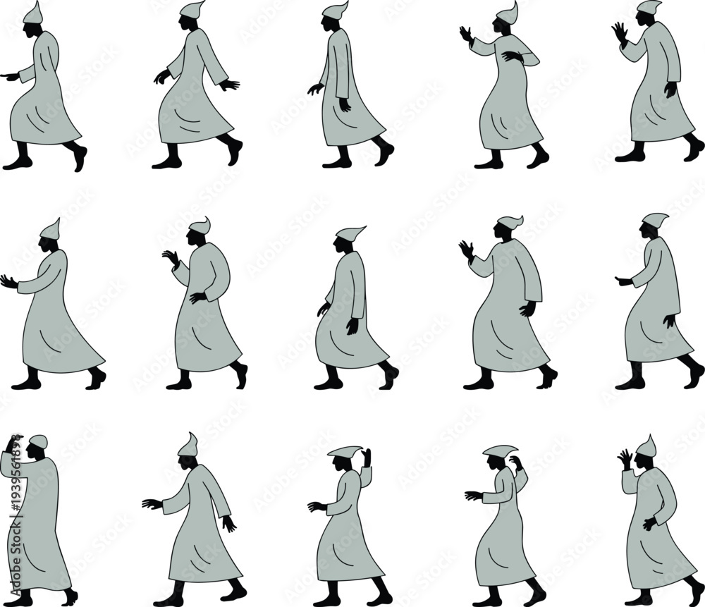 Obraz premium Traditional ancient middle eastern man character silhouette set in various walking and gesturing poses for historical animation and graphic design projects