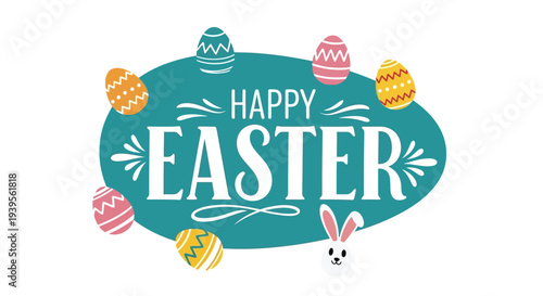 Colorful Easter Eggs and Bunny Illustration on Vibrant Background from a Front View