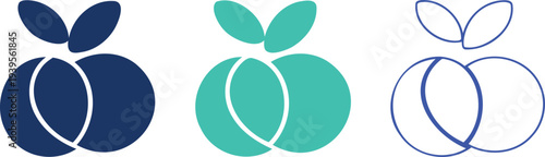 Three abstract fruit in navy blue teal and outline