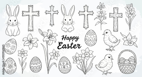 Easter-themed illustrations featuring bunnies, eggs, flowers, and crosses in a festive holiday display from a straightforward viewpoint.