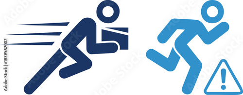 Dark blue person running with package light blue person running with warning sign