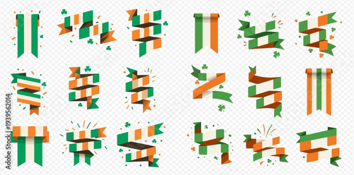 Collection of Irish flag ribbons and banners for St. Patrick's Day celebrations and national events.