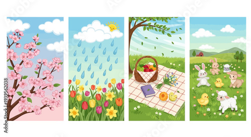 A serene spring scene depicting cherry blossoms, rain, picnic, and lambs in a lush green meadow under a blue sky