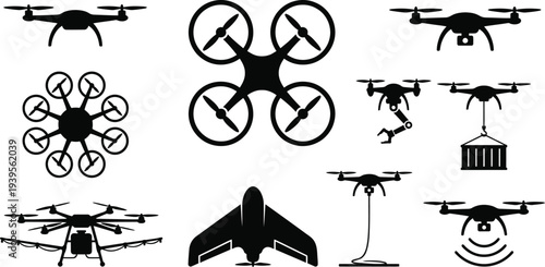 Diverse autonomous aerial vehicle silhouettes with quadcopter octocopter robotic arm cargo in solid black for logo UAV branding design