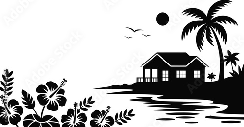 Tropical island bungalow with palm trees and flowers by sea, silhouette