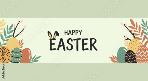 Celebrating Easter with decorated eggs and spring leaves in a festive illustration from a front viewpoint