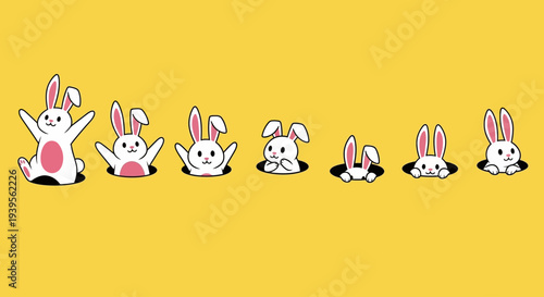 A row of cartoon rabbits emerging from holes in a vibrant yellow landscape, viewed from a straightforward perspective.