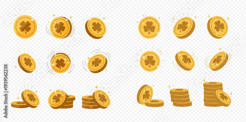 Set of golden coins with shamrock for St. Patrick's Day, various angles and stacks.
