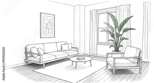 Elegant Living Room Interior with Modern Furniture and Large Plant.
