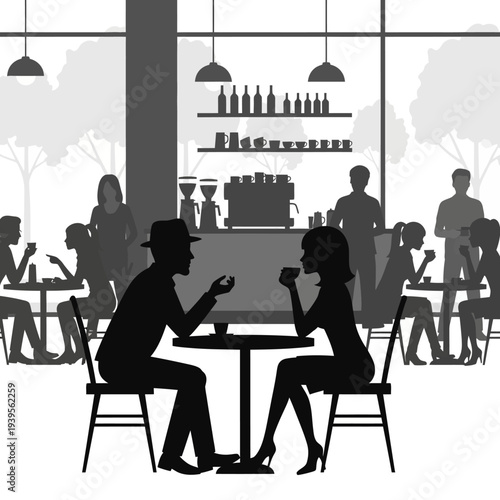 Couple enjoying coffee at a cafe, silhouette, romantic date, urban lifestyle