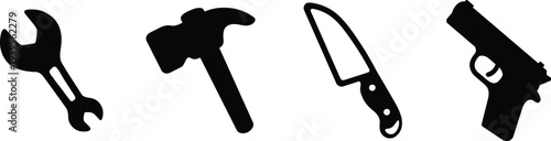Hand tool and weapon silhouette icons set with bold black design. Wrench, hammer, knife, and pistol symbols for repair, construction, and security themes. Simple vector icons ideal for apps, signage, 