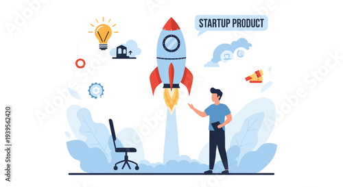 Man launching a rocket startup.