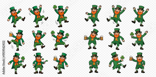 Set of cartoon leprechauns in various dancing poses celebrating St. Patrick's Day.