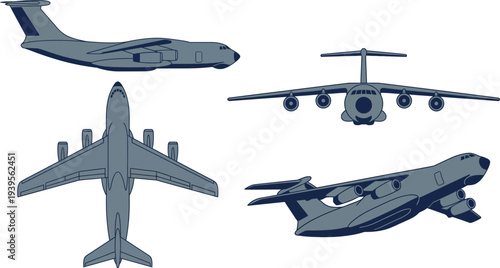 Generic large transport aircraft with high wing cargo plane four engines in slate gray navy blue for logistics aviation branding design