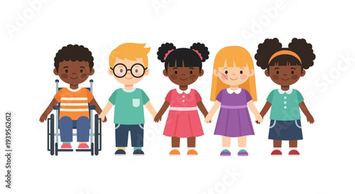 Diverse Group of Happy Children Holding Hands, Including a Child in a Wheelchair, Symbolizing Friendship, Inclusion, and Unity.
