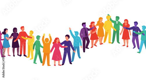 Diverse Group of Colorful People Waving, Connecting, and Collaborating in Wavy Pattern - Unity, Community, Inclusion Vector Illustration