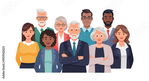 Diverse Group of Senior and Middle-Aged Adults Portrait Illustration in Flat Style