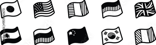 World flag icons in waving style with bold black outlines. International country flags set ideal for travel, education, and global themes. Perfect graphic symbols for maps, apps, and infographic 