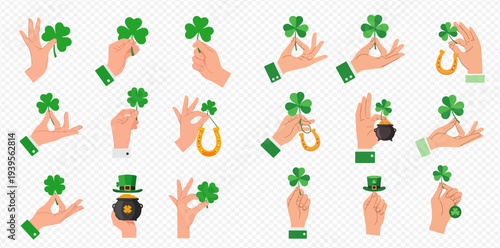 Set of hands holding shamrocks, horseshoes, and pots of gold for Saint Patrick's Day celebration.