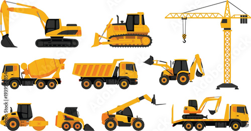 Heavy construction machinery vehicles with excavator bulldozer dump truck crane in construction yellow black caution orange for industrial equipment branding design