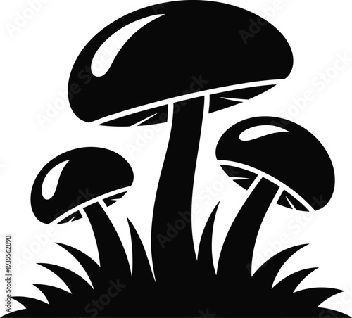 Black mushroom cluster silhouette with grass detail vector graphic isolated on checkered background