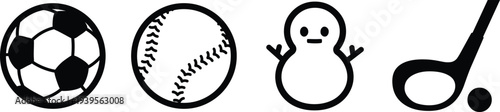 Sports and seasonal icon set with soccer ball, baseball, snowman, and hockey stick. Simple outline and solid symbols isolated on white background for winter sport graphics, activity apps, and game the