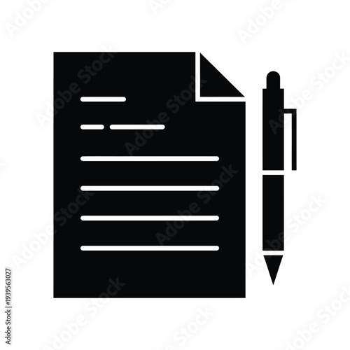 Black silhouette of document paper and ballpoint pen for writing office administration business contract and educational paperwork