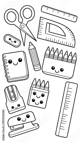 Kawaii school supplies set notebook ruler pencil crayon eraser scissors sharpener stapler cute stationery objects graphic doodle