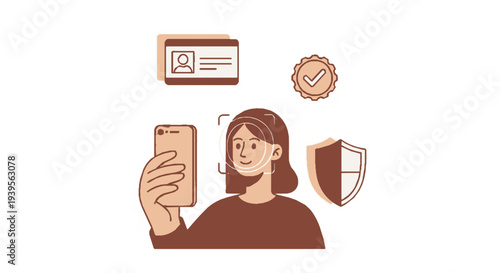 Woman taking selfie with phone and digital identity verification symbols