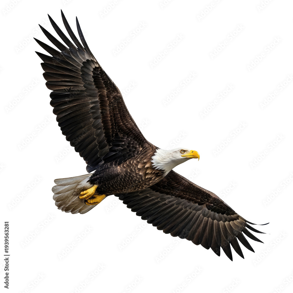Fototapeta premium Bald eagle soaring with wings spread wide in flight isolated on a transparent background bird