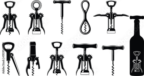 Wine corkscrew opener tools set, black and white vector illustration of bottle opener collection isolated on white background
