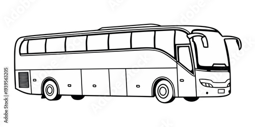 A black and white line drawing of a large coach bus