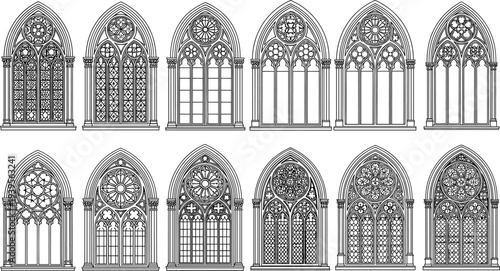 Collection of Gothic stained glass window silhouettes, ornate tracery artwork, cathedral design illustration, medieval architecture decorative pattern set